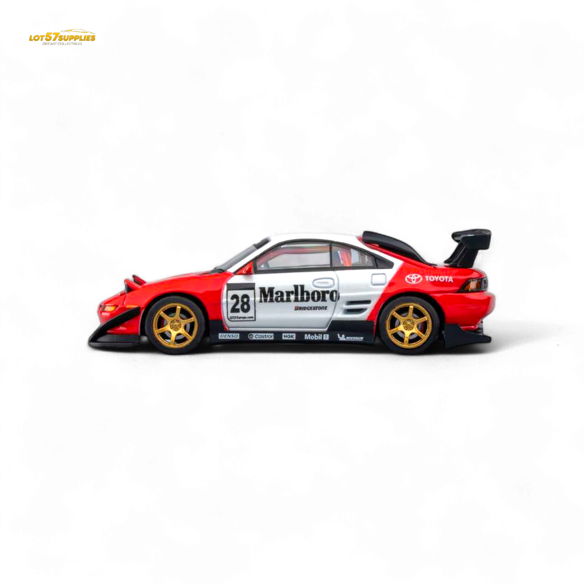 Pre-order MicroTurbo Toyota MR2 diecast model in Marlboro livery, 1:64 scale, featuring detailed design and vibrant branding.