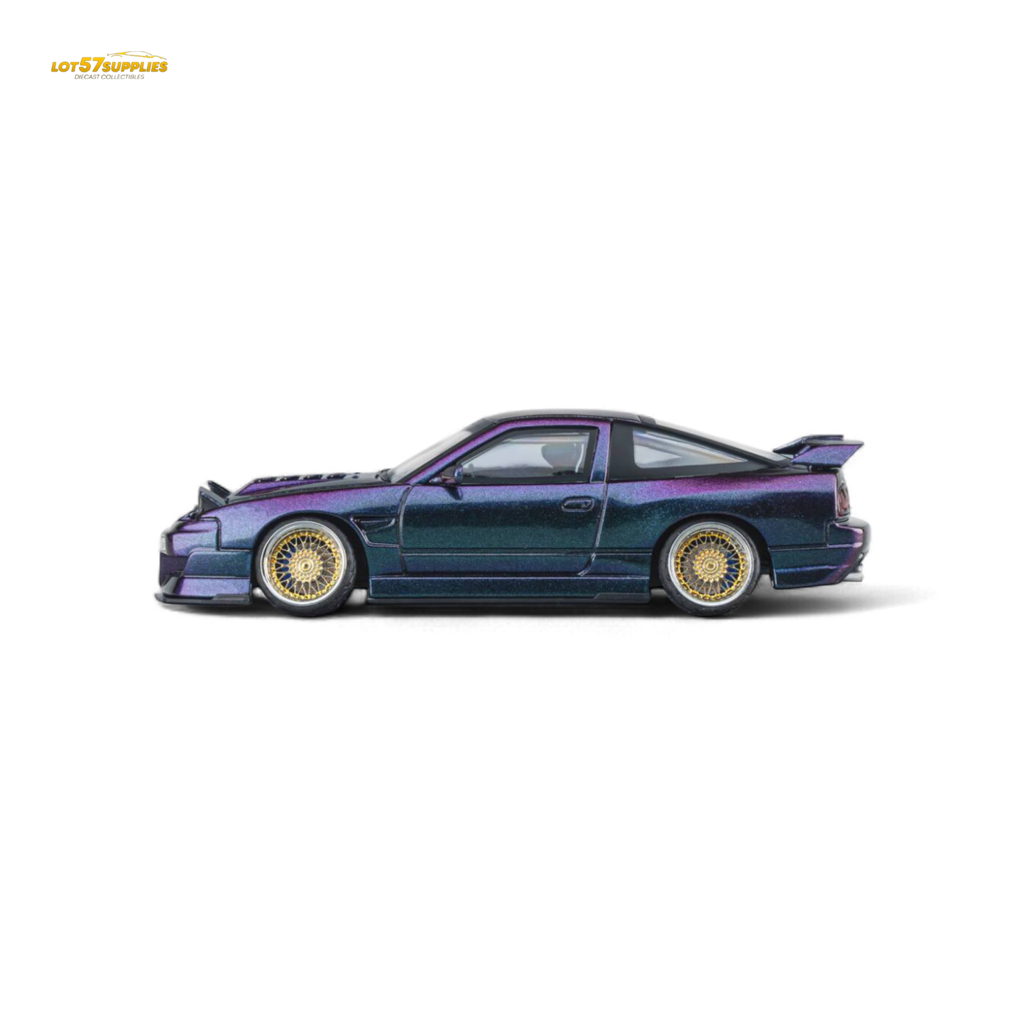 Purple chameleon Nissan 180SX MicroTurbo diecast model in 1:64 scale by Lot57Supplies Diecast Shop, showcasing detailed exterior features.