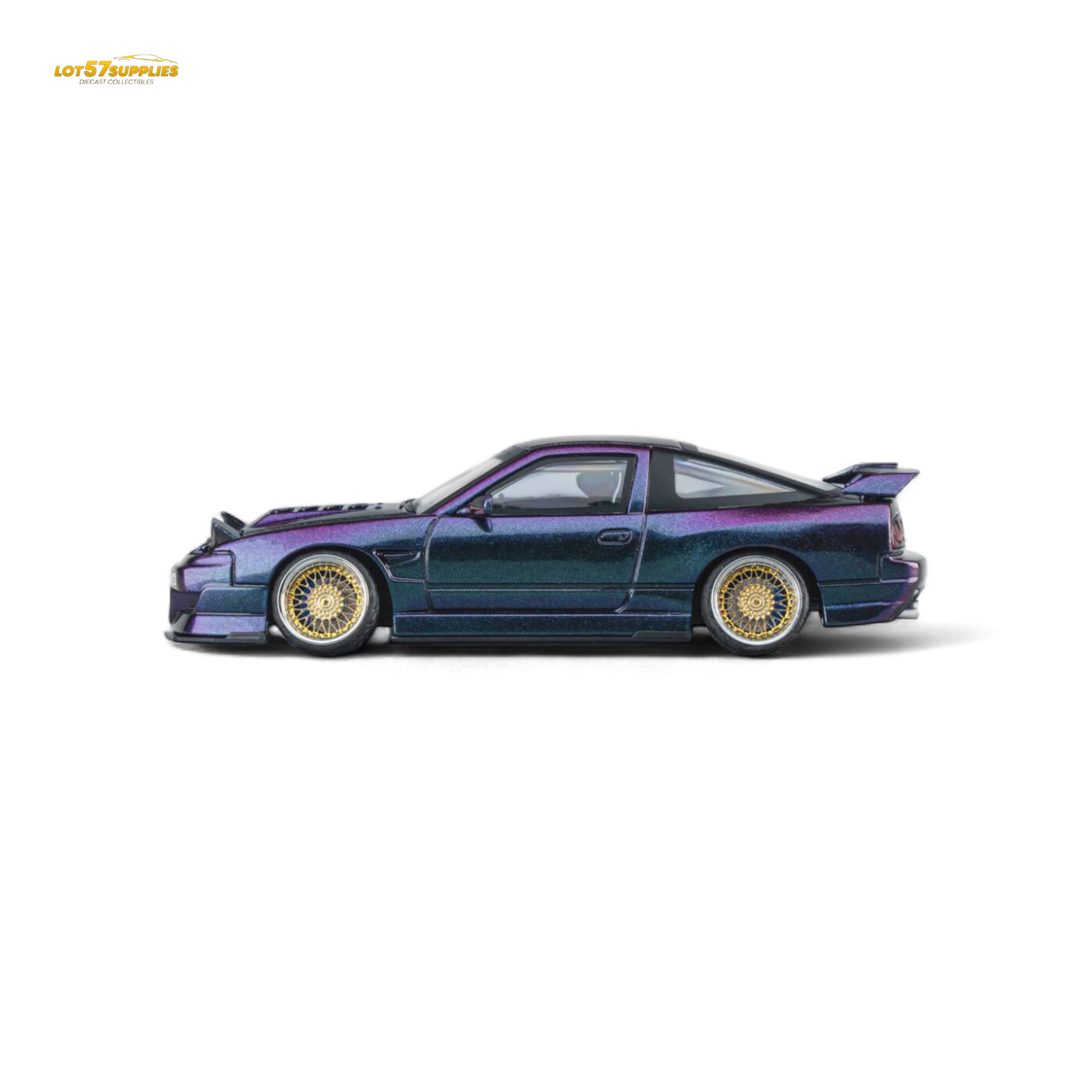Purple chameleon Nissan 180SX MicroTurbo diecast model in 1:64 scale by Lot57Supplies Diecast Shop, showcasing detailed exterior features.