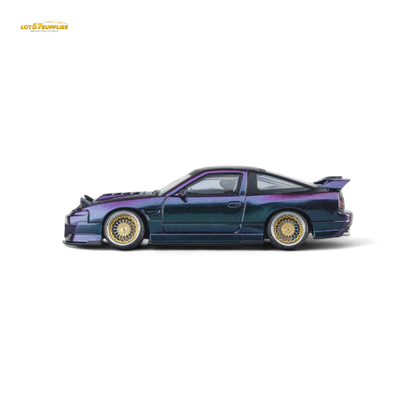 Purple chameleon Nissan 180SX MicroTurbo diecast model in 1:64 scale by Lot57Supplies Diecast Shop, showcasing detailed exterior features.