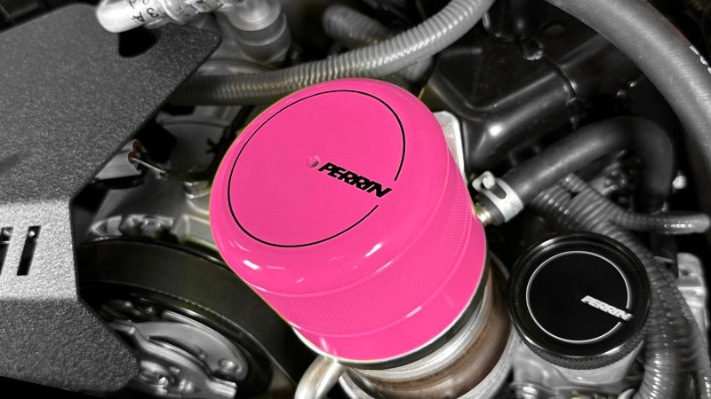 JDMuscle Perrin Hyper Pink oil filter cover for 2013-2025 Subaru WRX, BRZ, and Toyota GR86 engine oil caps with bold pink finish.
