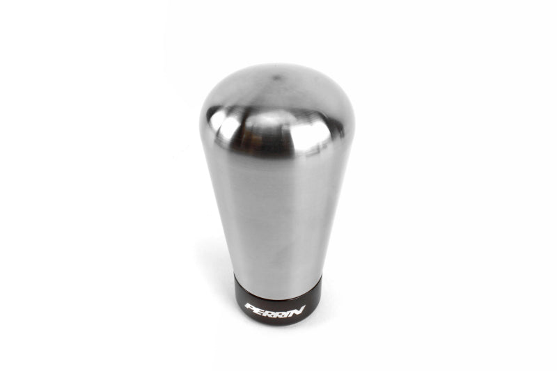 JDMuscle Perrin 04-21 STI tapered shift knob for Subaru vehicles, black with textured grip and silver accents.