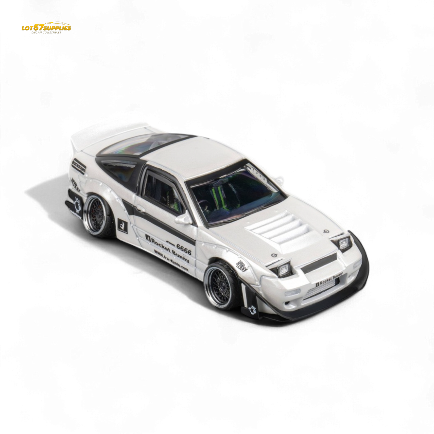 White Nissan 180SX diecast model with Pandem Rocket Bunny body kit, 1:64 scale, detailed miniature from Lot57Supplies Diecast Shop.