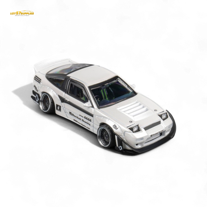 White Nissan 180SX diecast model with Pandem Rocket Bunny body kit, 1:64 scale, detailed miniature from Lot57Supplies Diecast Shop.
