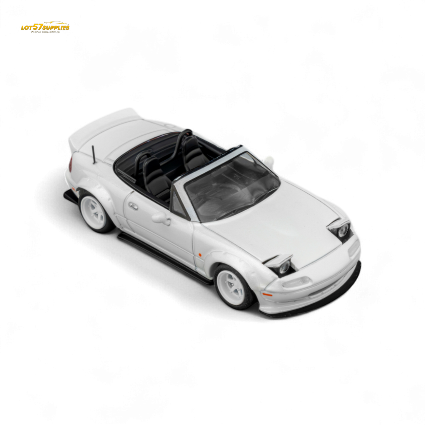Microturbo Custom MX5 Mazda diecast car in metallic white with Rocket Bunny body kit, detailed 1:64 scale model.