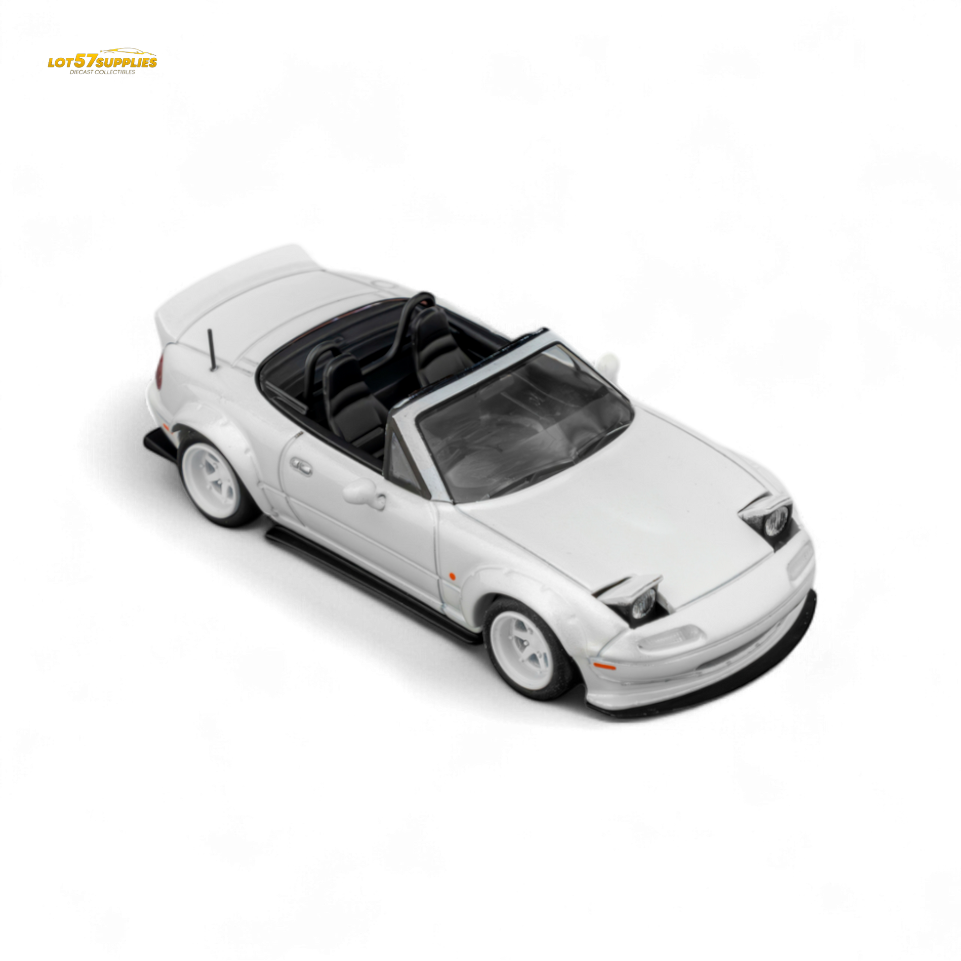 Microturbo Custom MX5 Mazda diecast car in metallic white with Rocket Bunny body kit, detailed 1:64 scale model.