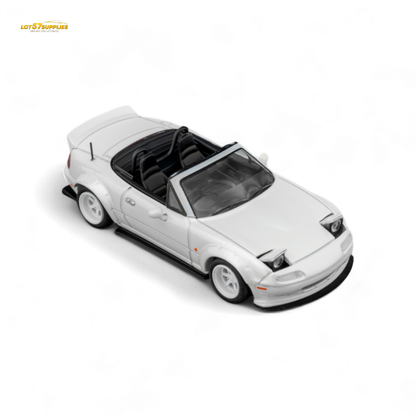 Microturbo Custom MX5 Mazda diecast car in metallic white with Rocket Bunny body kit, detailed 1:64 scale model.