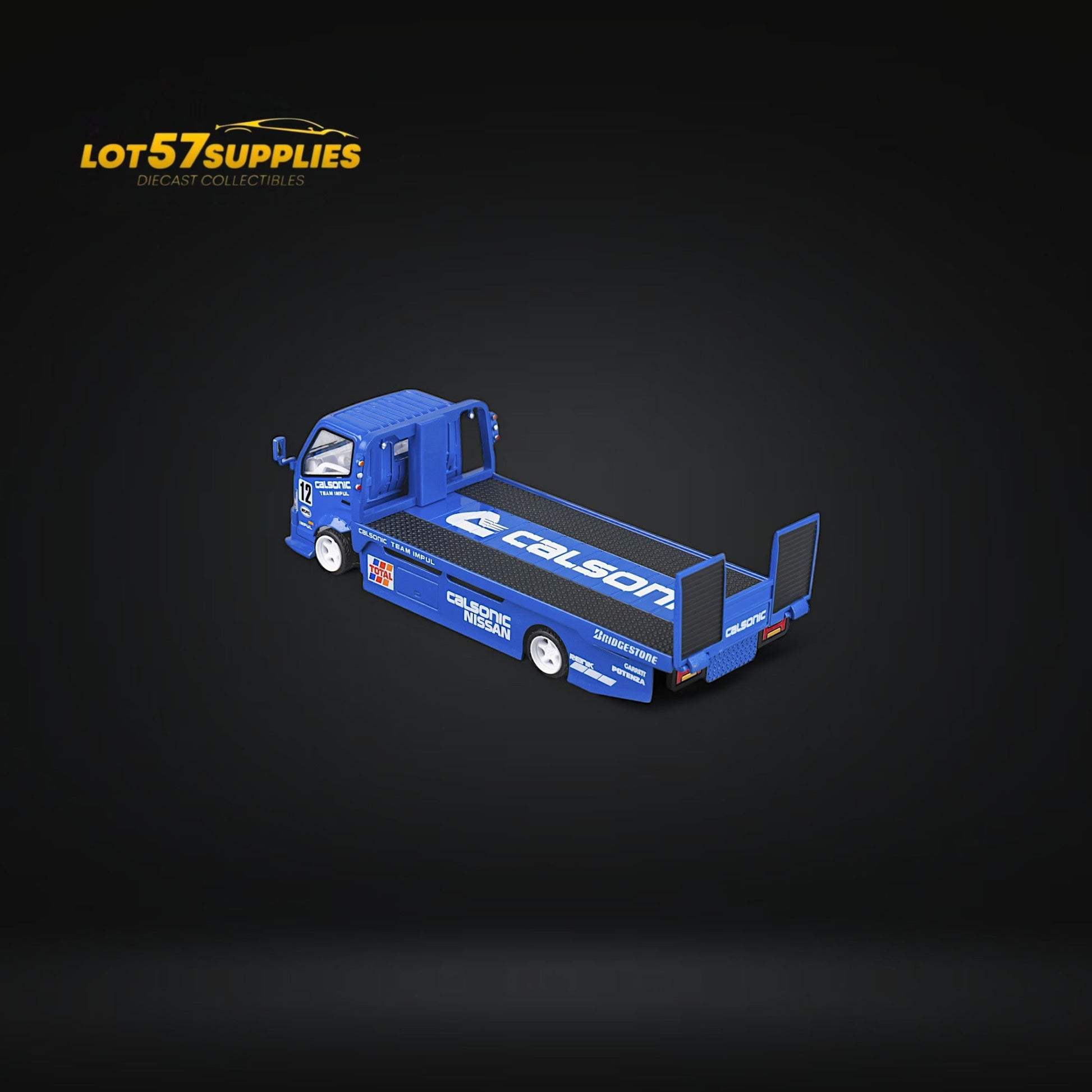 Blue Calsonic livery HINO 300 diecast truck model with custom flatbed, detailed miniature in 1:64 scale from Lot57Supplies.