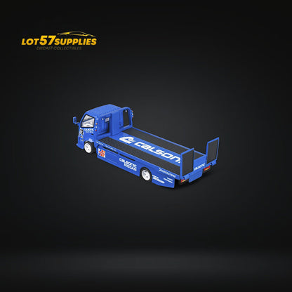 Blue Calsonic livery HINO 300 diecast truck model with custom flatbed, detailed miniature in 1:64 scale from Lot57Supplies.