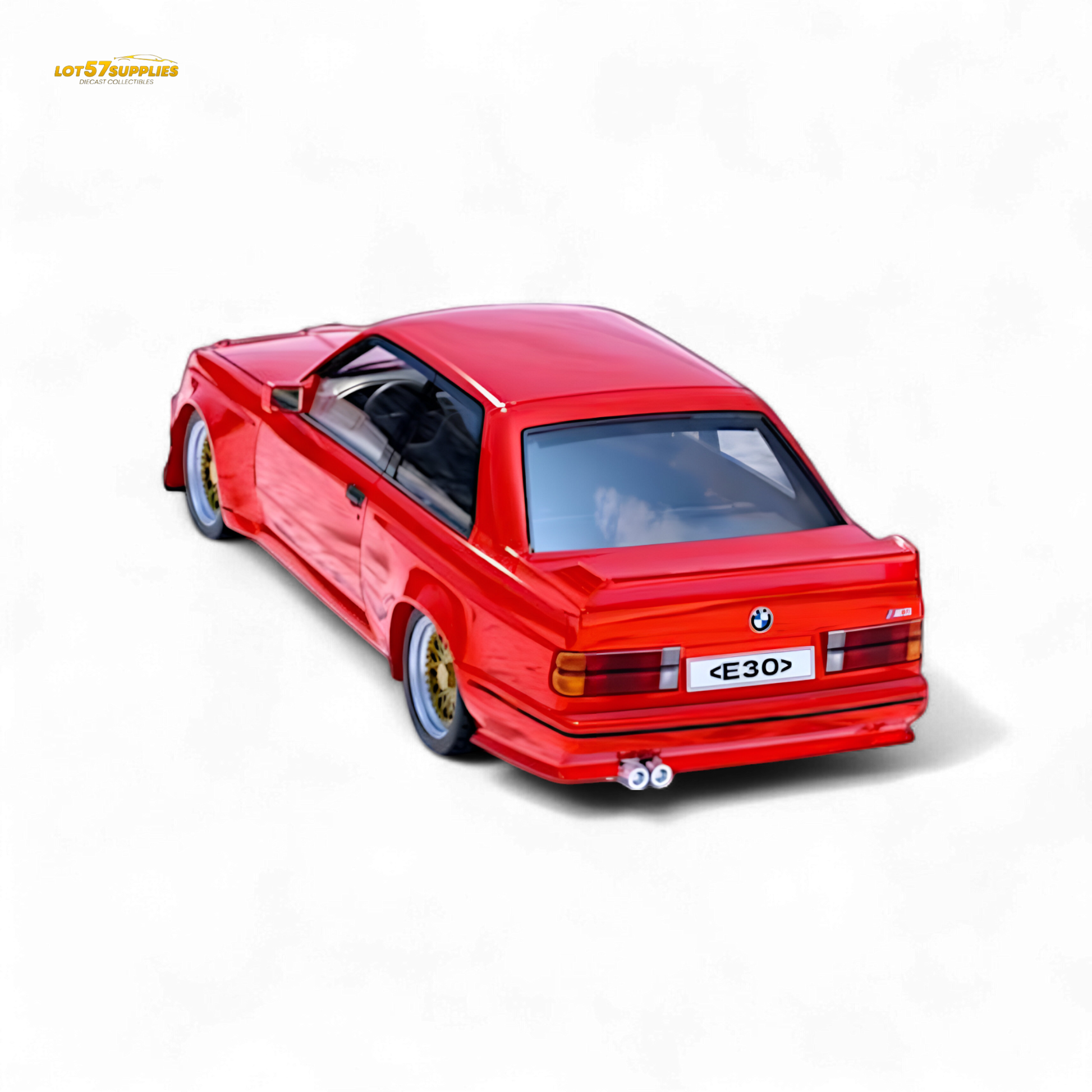 Red BMW M3 E30 diecast model by Lot57Supplies, detailed 1:64 scale car with realistic features and vibrant paint.