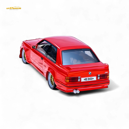 Red BMW M3 E30 diecast model by Lot57Supplies, detailed 1:64 scale car with realistic features and vibrant paint.