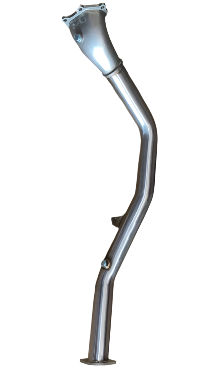Speedzone Performance LLC SPDZ1 high flow catless downpipe for 2008-2014 WRX and 2008-2021 STI, shown with stainless steel construction.