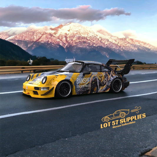 Porsche RWB 964 diecast model with BANSHEE MECHA livery, 1:64 scale, featuring detailed design and vibrant colors.