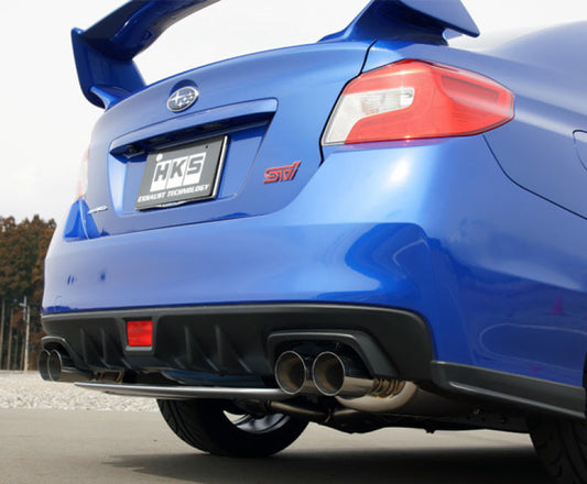 FR SPORT HKS Legamax Premium exhaust system kit for 2015 WRX STI and WRX, showing the polished stainless steel exhaust components.