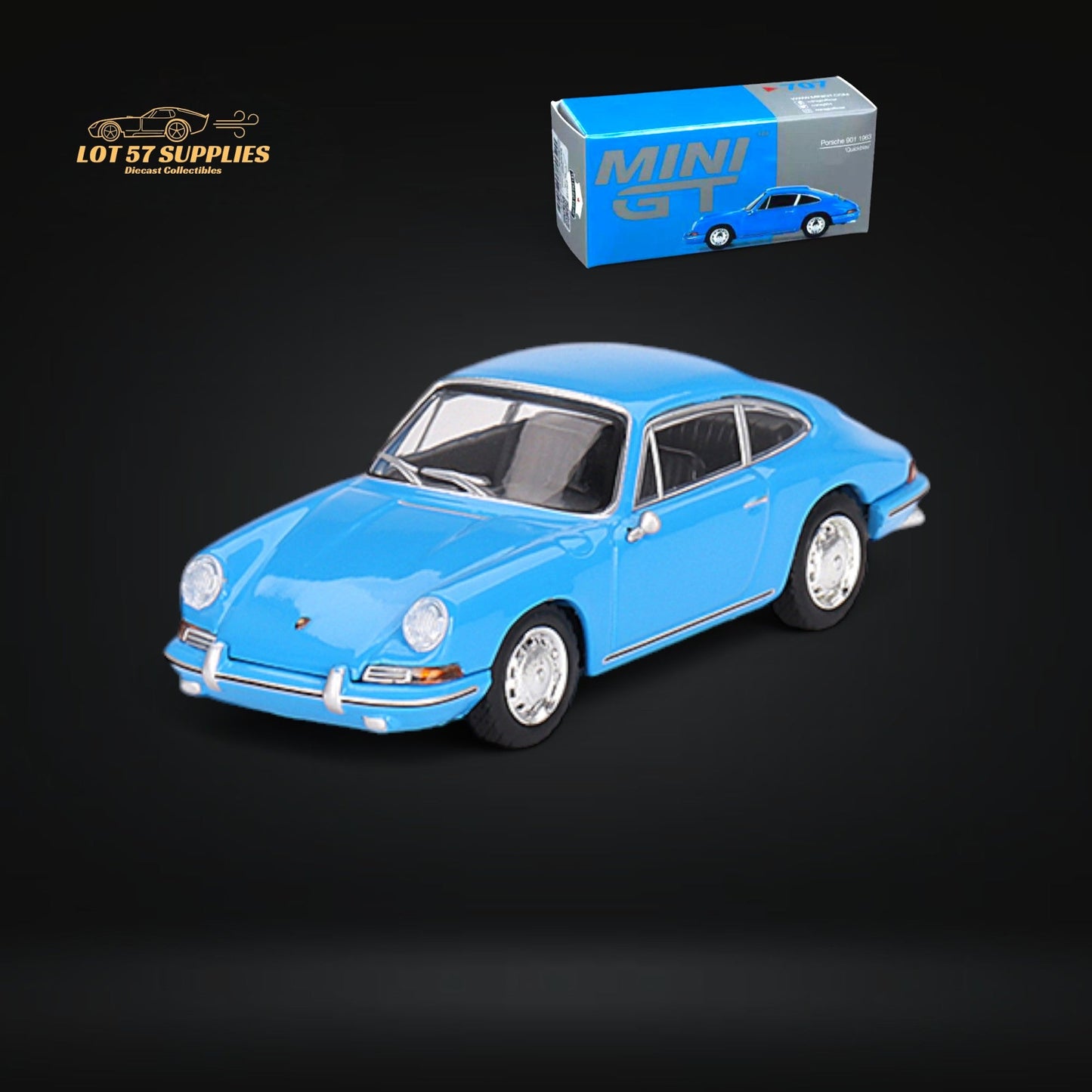 Mini-GT Porsche 901 1963 "Quickblau" diecast model in blue, detailed 1:64 scale car from Lot57Supplies Diecast Shop.