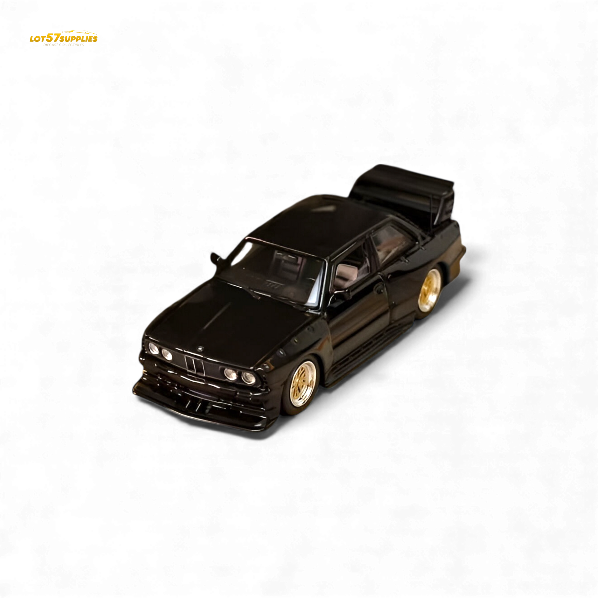 Black SW BMW E30 M3 LTO diecast car model in 1:64 scale from Lot57Supplies Diecast Shop, showing detailed exterior and wheels.