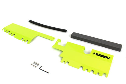 Neon yellow Perrin radiator shroud with OEM intake scoop for 2015-2021 Subaru WRX and STI, JDMuscle brand, front view.