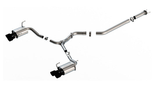FR SPORT Borla S-Type Cat-Back Exhaust system with ceramic black tips for 2022-2023 WRX 2.4L Turbo, showing the exhaust tips and piping.