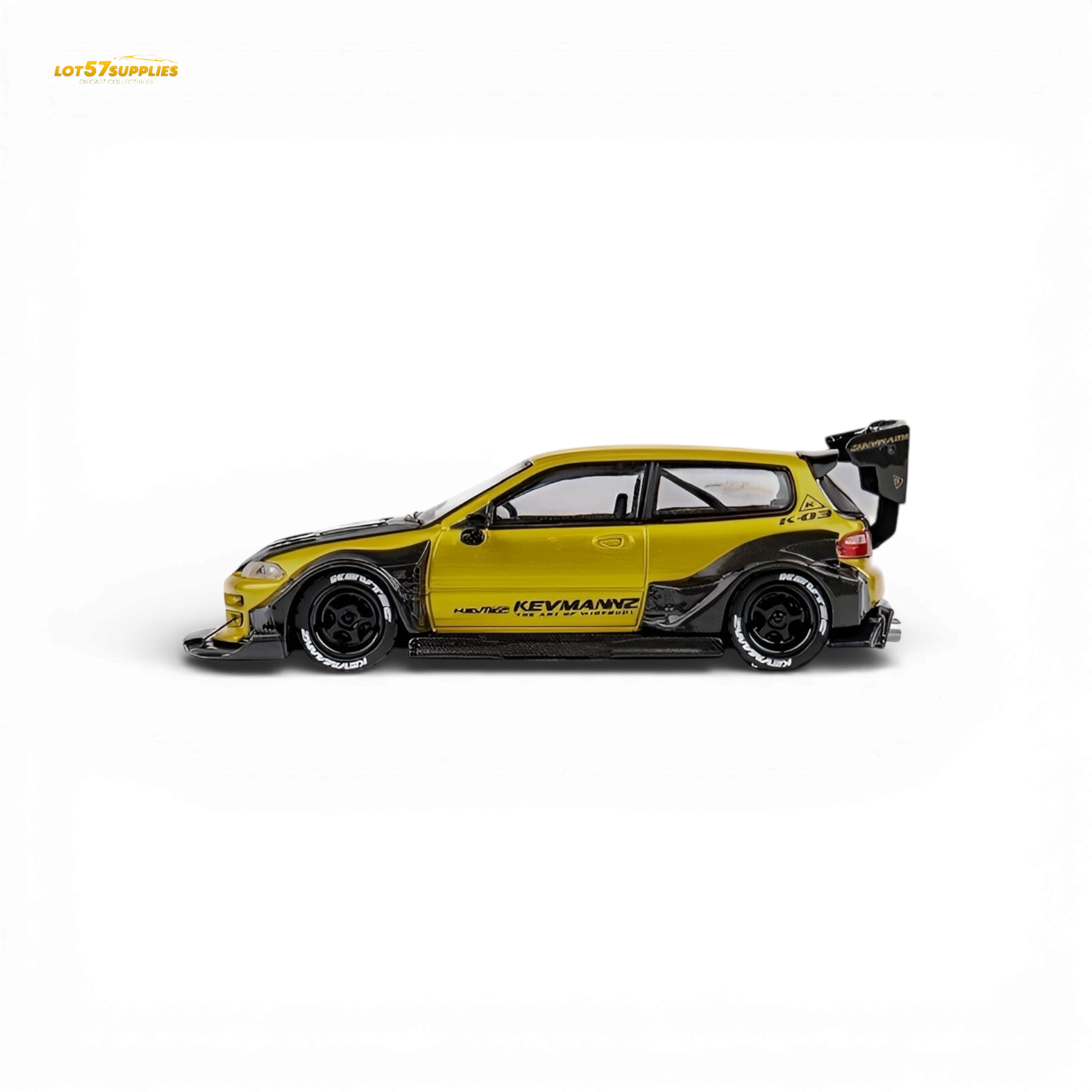 Detailed close-up of a gold carbon fiber short tail for Honda DCM Civic EG Ver.1 diecast model in 1:64 scale.