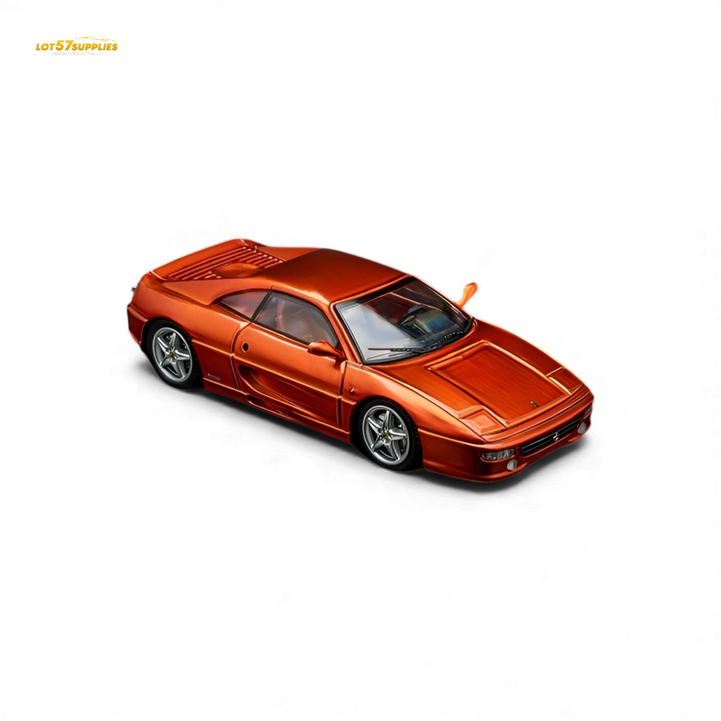 Metallic orange Ferrari F355 Challenge diecast model in 1:64 scale by Lot57Supplies, detailed miniature car with realistic features.