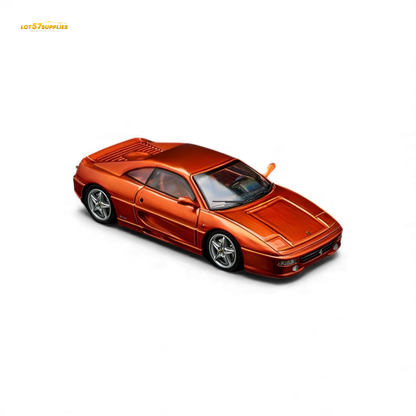 Metallic orange Ferrari F355 Challenge diecast model in 1:64 scale by Lot57Supplies, detailed miniature car with realistic features.