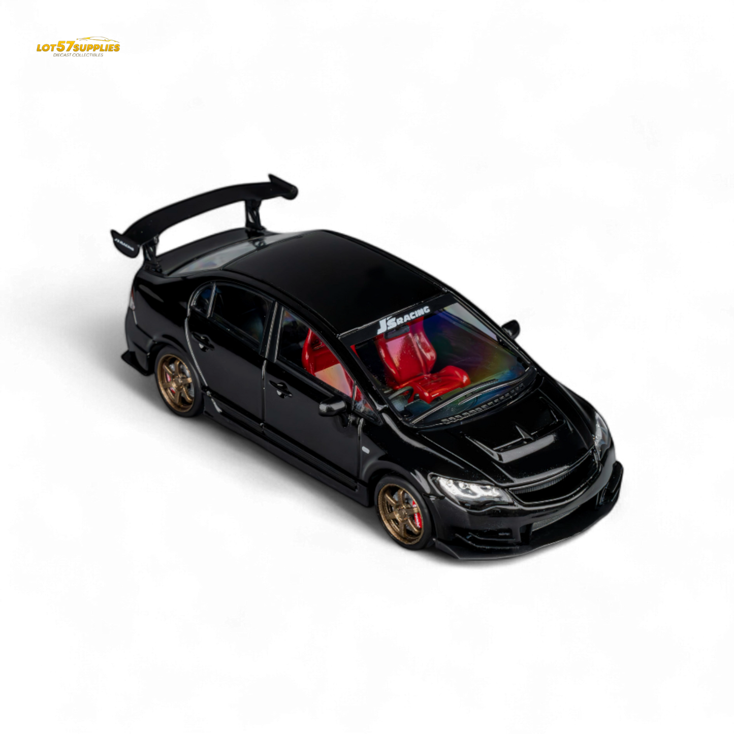 Metallic black Honda Microturbo FD2 J's Racing 1:64 diecast model car, detailed miniature collectible by Lot57Supplies Diecast Shop