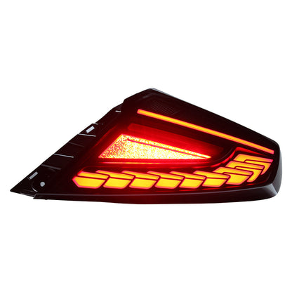 OLM Phantom-Spec LED taillights with smoke lens and red optic for 2022+ Subaru WRX, showing sleek tail light design and red LED illumination.