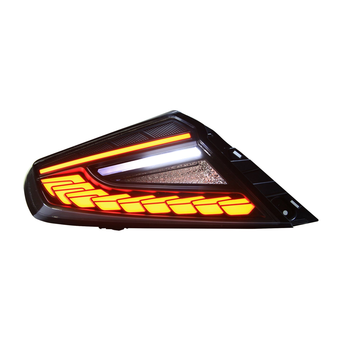 OLM Phantom-Spec LED taillights with clear lens and white optic for 2022+ Subaru WRX, showcasing modern automotive tail light design.