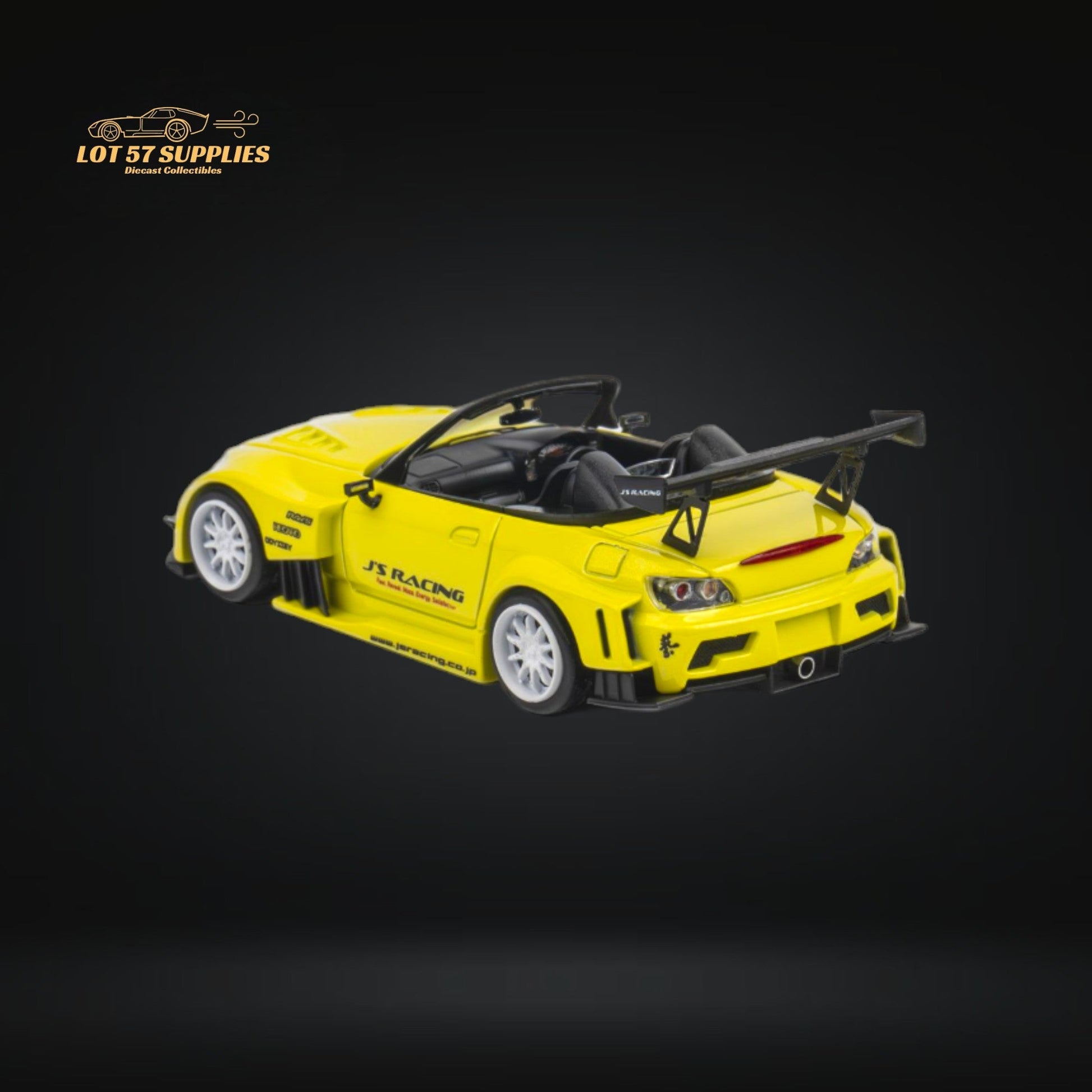 Yellow pearl Honda S2000 diecast model by Lot57Supplies JS Racing, 1:64 scale, detailed miniature car with racing decals.
