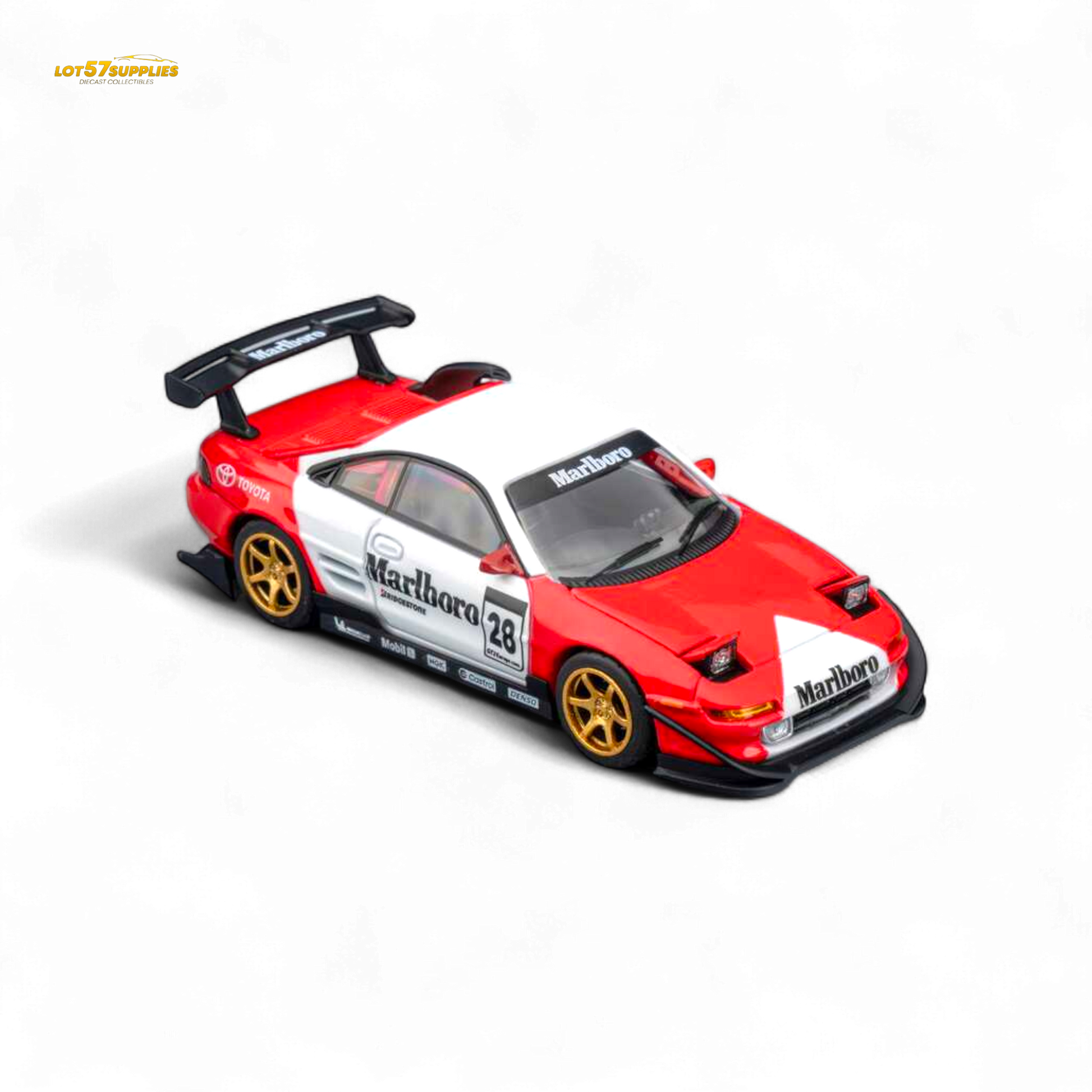 Pre-order MicroTurbo Toyota MR2 diecast model in Marlboro livery, 1:64 scale, featuring detailed racing car design.