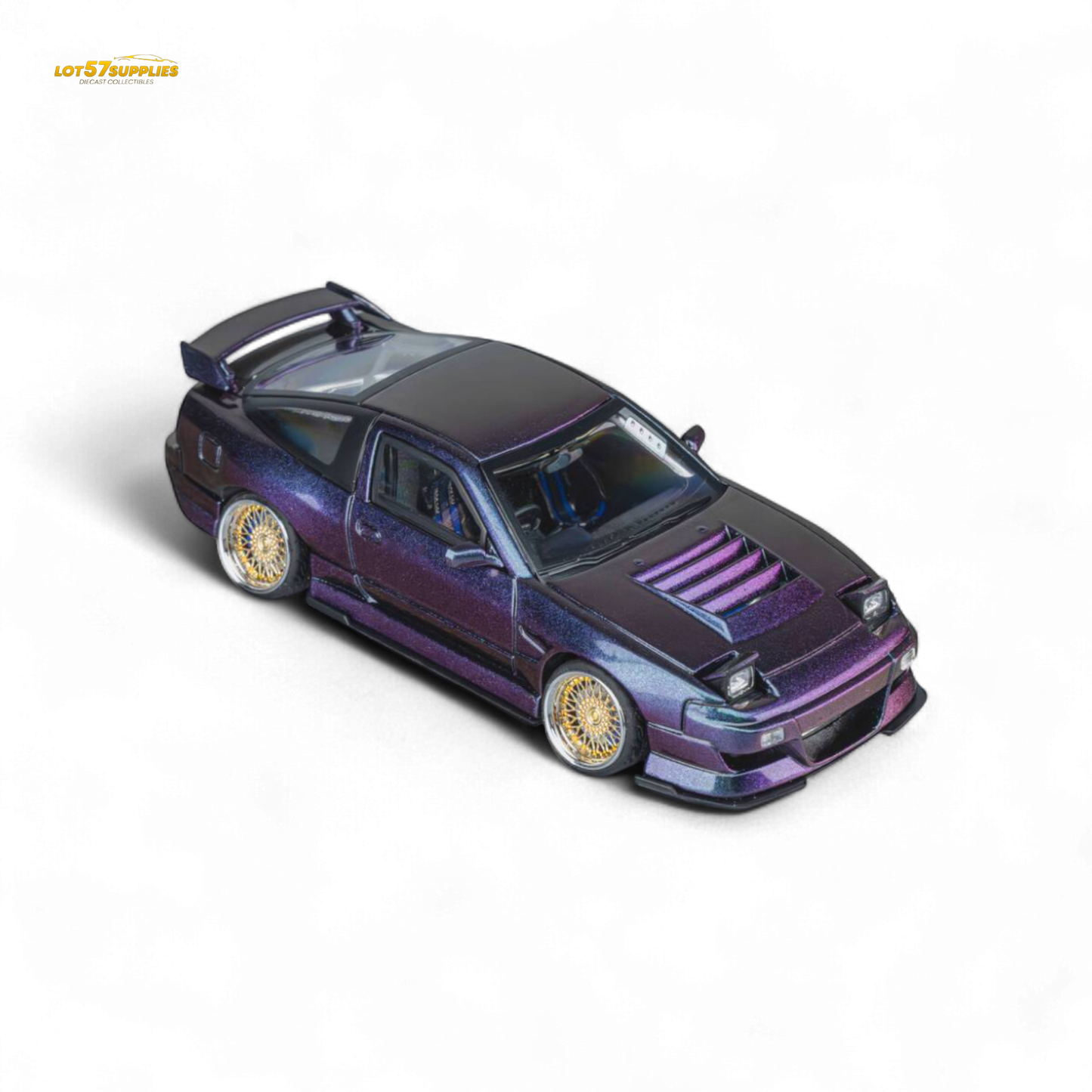 Diecast Nissan 180SX Spirit Rei purple chameleon MicroTurbo model by Lot57Supplies, featuring detailed exterior and vibrant color.