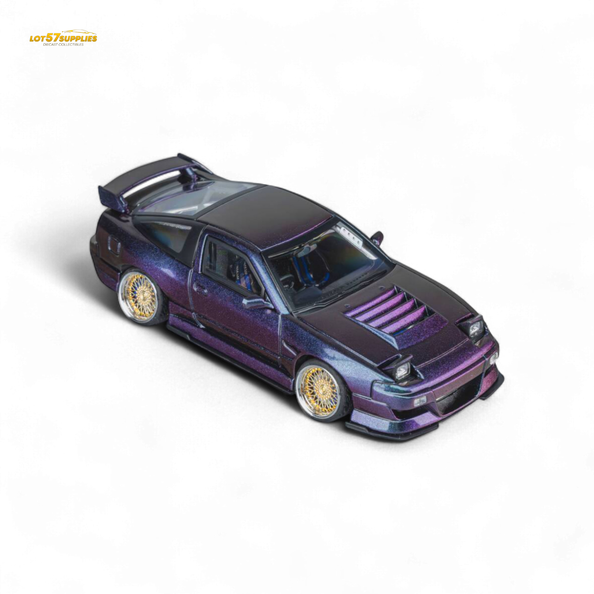 Diecast Nissan 180SX Spirit Rei purple chameleon MicroTurbo model by Lot57Supplies, featuring detailed exterior and vibrant color.