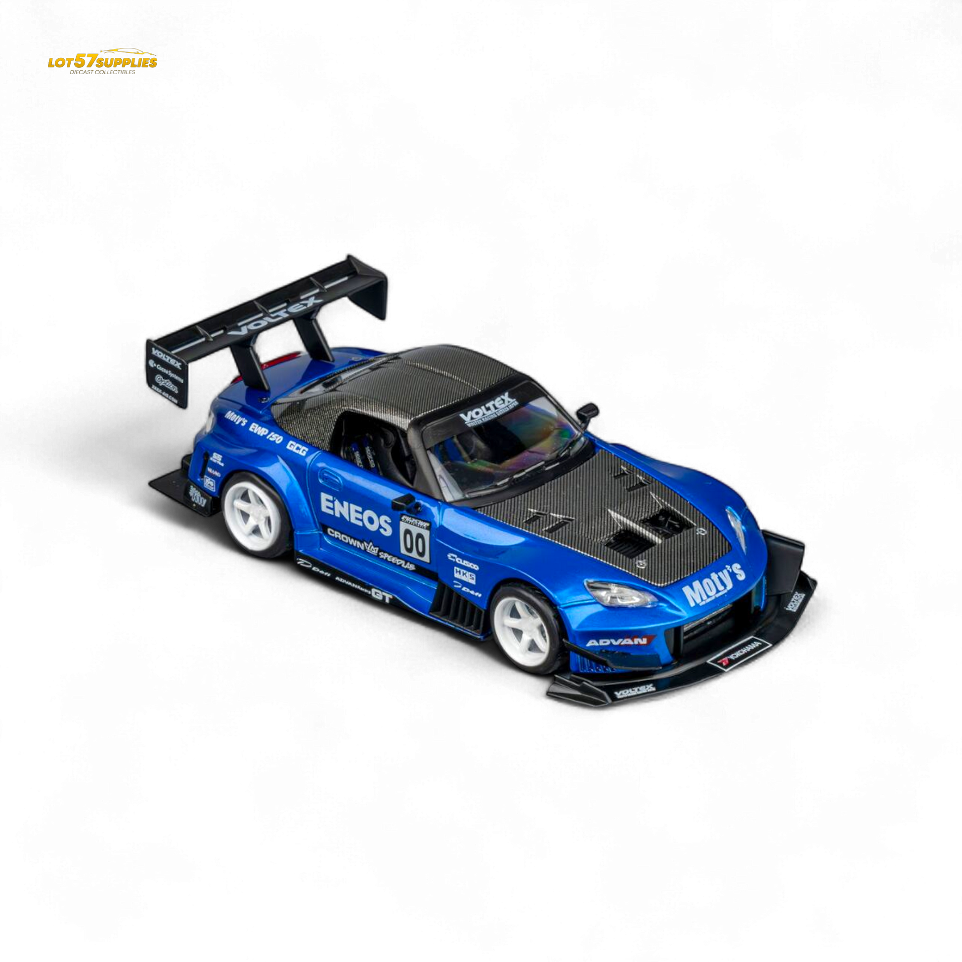 Candy blue Honda MicroTurbo S2000 diecast model with ENEOS #00 TOP FUEL branding, detailed miniature car in 1:64 scale.