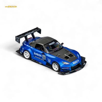 Candy blue Honda MicroTurbo S2000 diecast model with ENEOS #00 TOP FUEL branding, detailed miniature car in 1:64 scale.