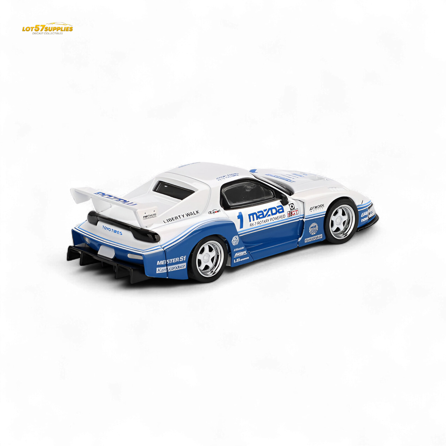 Mini GT Mazda RX-7 LB-Super Silhouette IMSA diecast model in 1:64 scale, detailed view showing sleek design and vibrant paint.