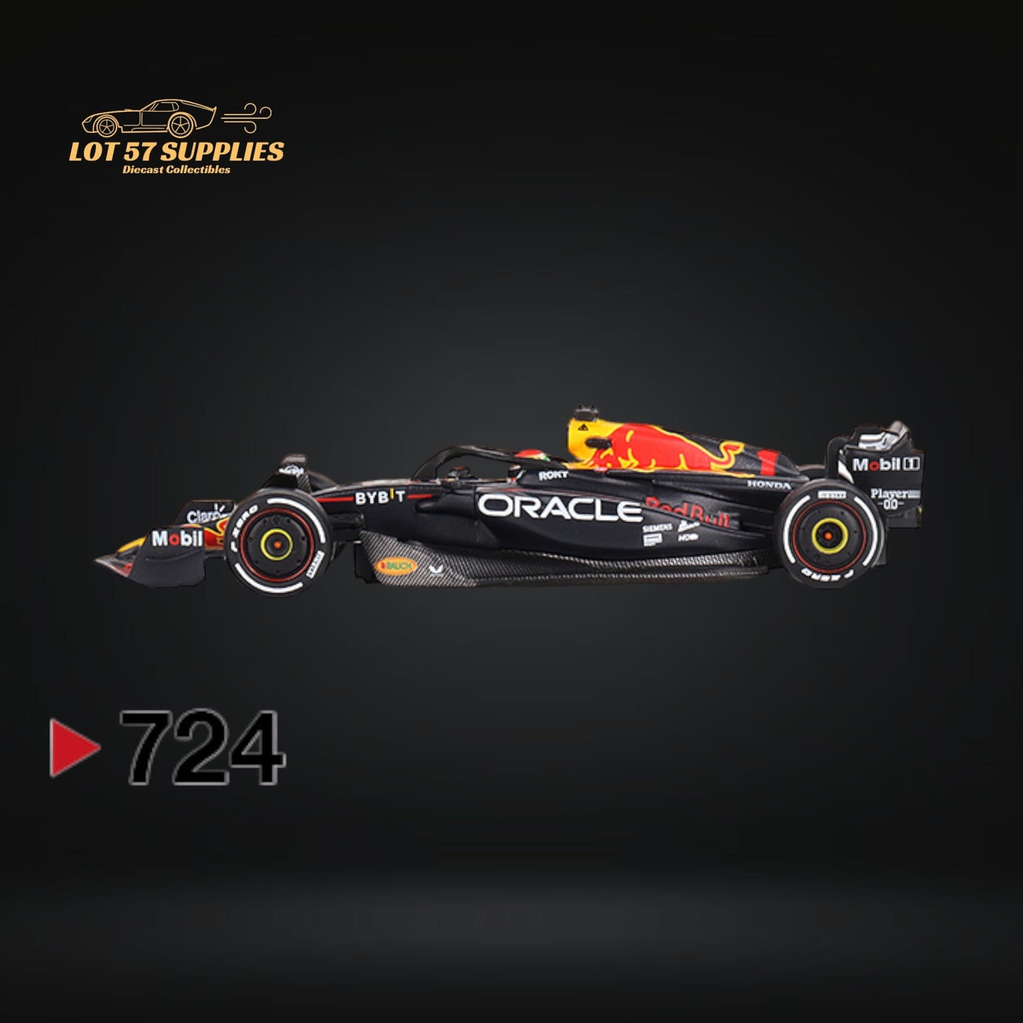 Red Bull Racing RB19 Mini-GT diecast car in red with Max Verstappen, 1:64 scale, showcasing detailed model features.