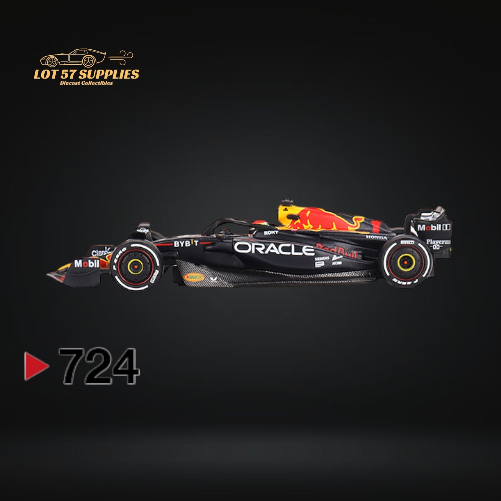 Red Bull Racing RB19 Mini-GT diecast car in red with Max Verstappen, 1:64 scale, showcasing detailed model features.