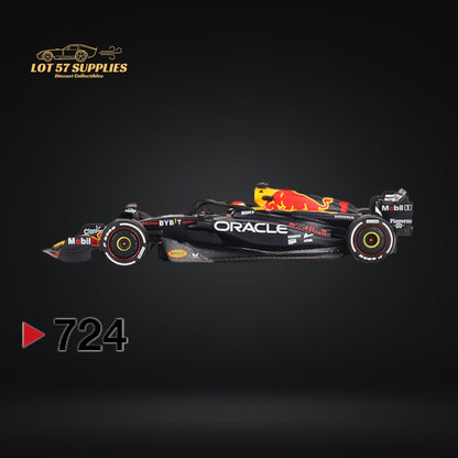 Red Bull Racing RB19 Mini-GT diecast car in red with Max Verstappen, 1:64 scale, showcasing detailed model features.