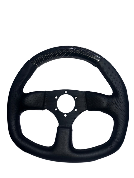 Speedzone Performance LLC racing carbon top steering wheel with flat bottom design, showcasing sleek black finish and racing-inspired style.