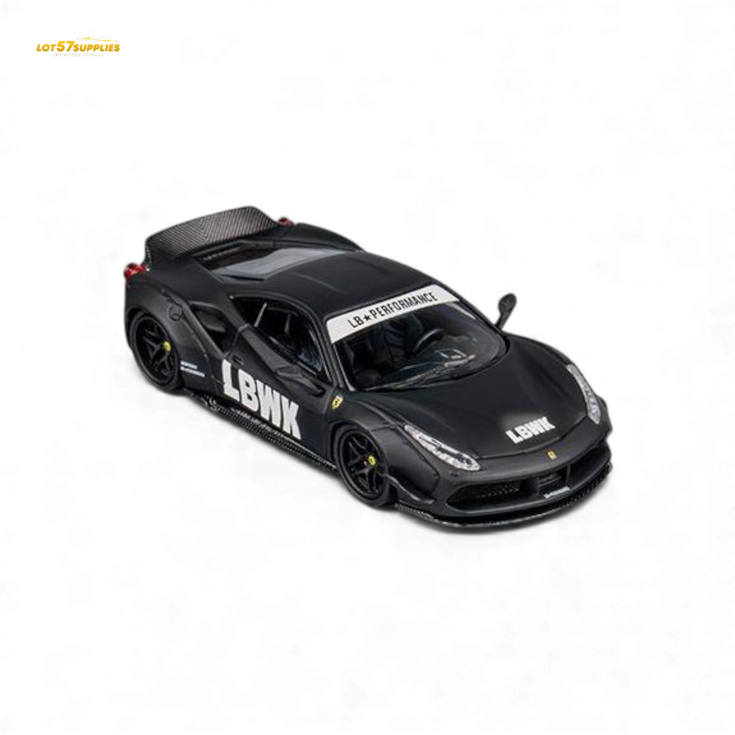 Black Ferrari 488 LB Works diecast model car in 1:64 scale by Lot57Supplies Diecast Shop, detailed view of the miniature sports car.