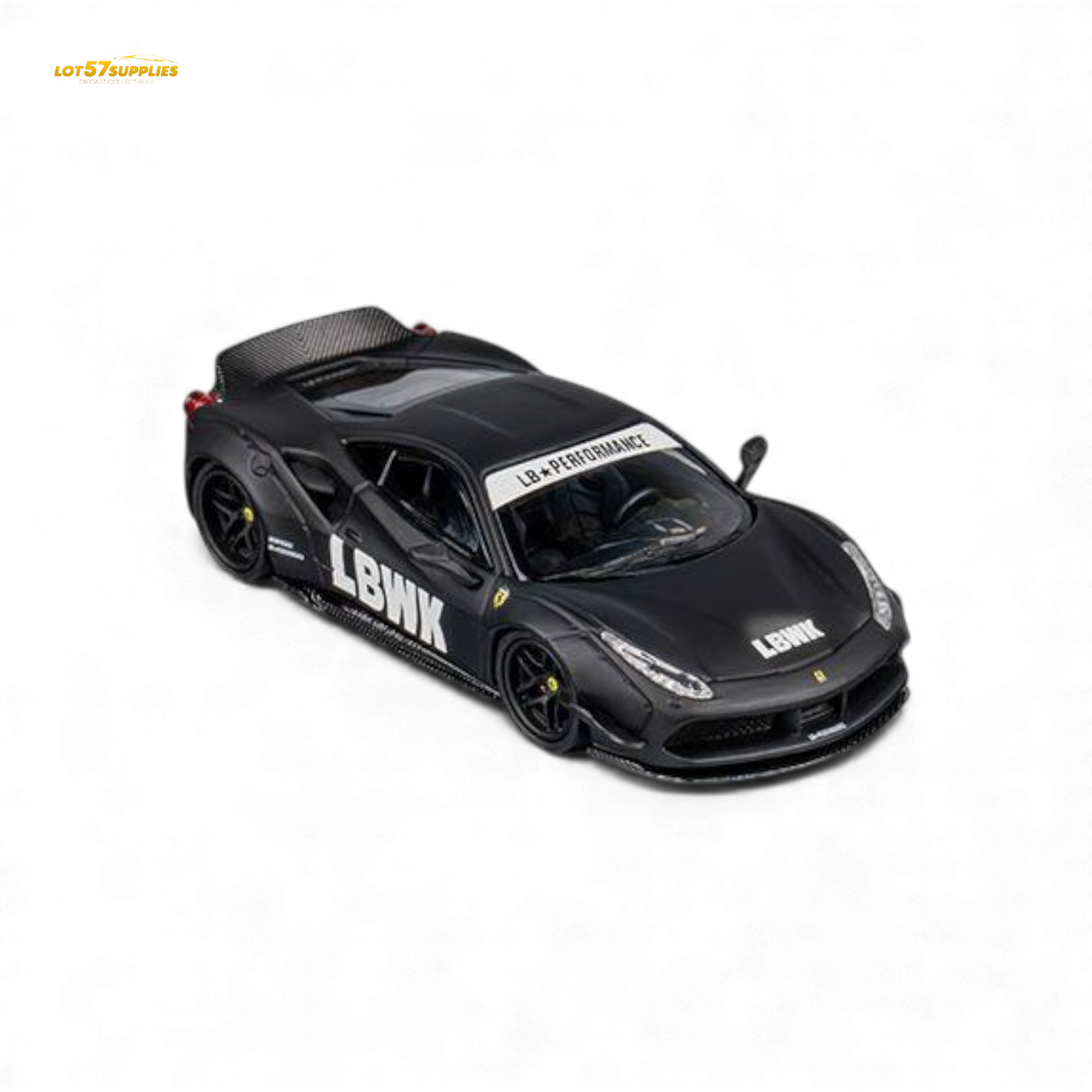 Black Ferrari 488 LB Works diecast model car in 1:64 scale by Lot57Supplies Diecast Shop, detailed view of the miniature sports car.