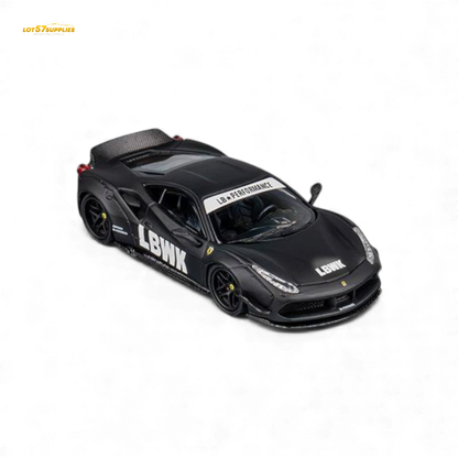 Black Ferrari 488 LB Works diecast model car in 1:64 scale by Lot57Supplies Diecast Shop, detailed view of the miniature sports car.