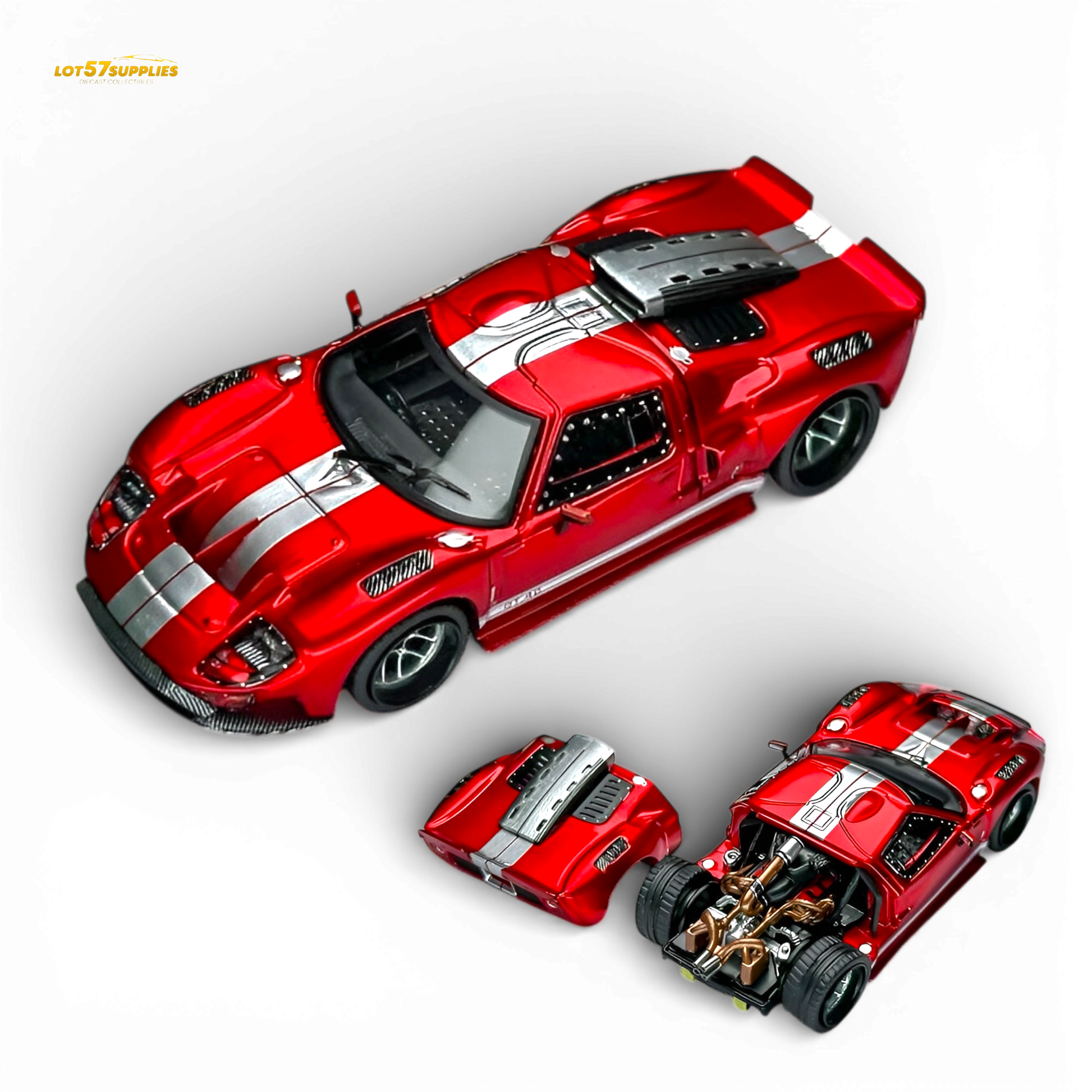 Diecast Ford GT40 model by Lot57Supplies in transparent red, 1:64 scale, detailed miniature car displayed on a plain background