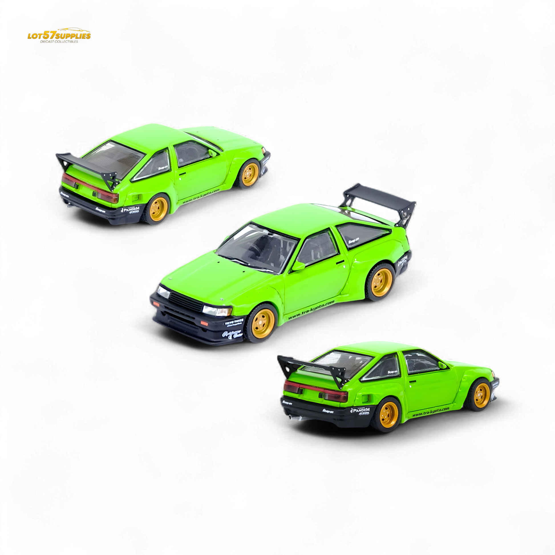 Green 1:64 scale Toyota AE86 Levin diecast model by Inno64 with Pandem Rocket Bunny kit, detailed and collectible.