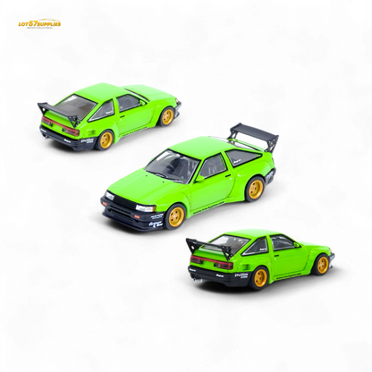 Green 1:64 scale Toyota AE86 Levin diecast model by Inno64 with Pandem Rocket Bunny kit, detailed and collectible.