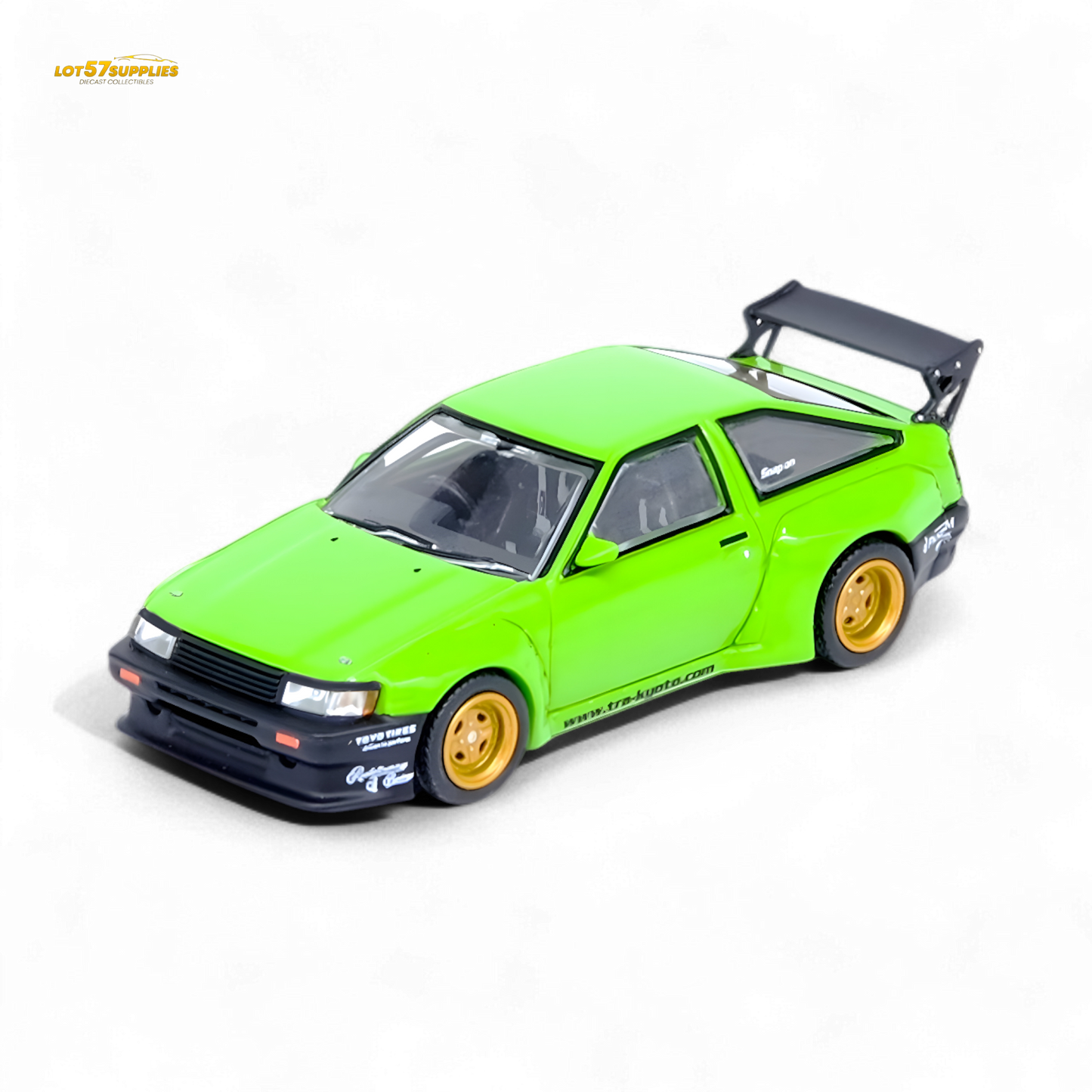 Green Inno64 Toyota AE86 Levin Pandem Rocket Bunny diecast model, detailed 1:64 scale toy car with realistic features.