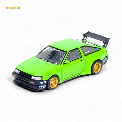 Green Inno64 Toyota AE86 Levin Pandem Rocket Bunny diecast model, detailed 1:64 scale toy car with realistic features.