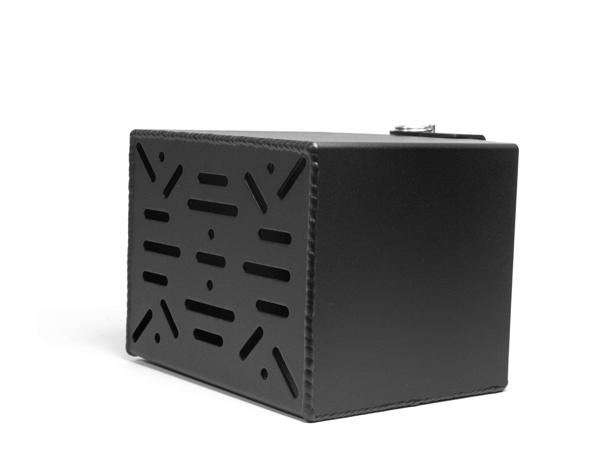 MeLe ATX30 Rally Spec Battery Mount showing a durable black metal mount for securing batteries in rally vehicle applications.