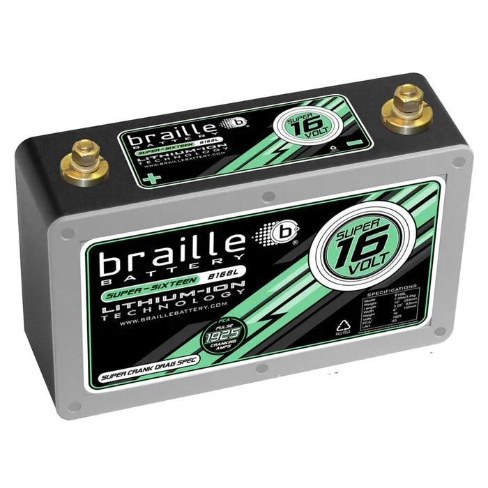 MeLe Design Firm Braille B168L Super 16V Drag Race Lithium Battery, compact battery with label and connectors visible.
