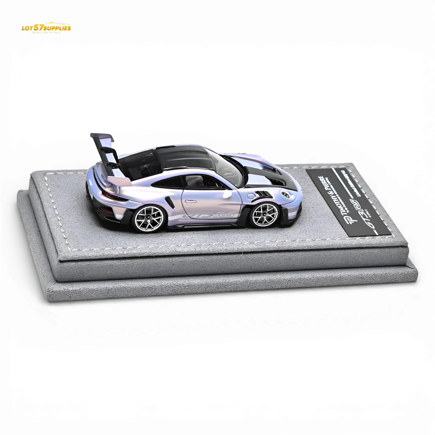 Purple 1:64 scale TP Porsche 911 992 GT3 RS diecast model from Lot57Supplies Diecast Shop, with detailed car design and realistic features.